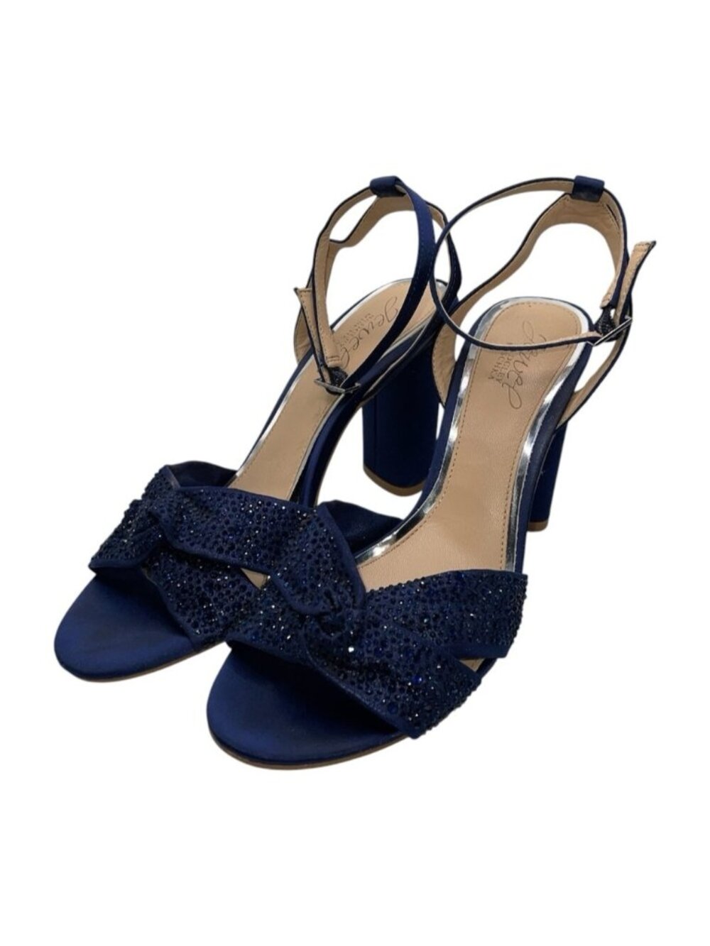 Jewel Badgley Mischka Nicoline Rhinestone Heeled Sandals 8 US Navy Satin